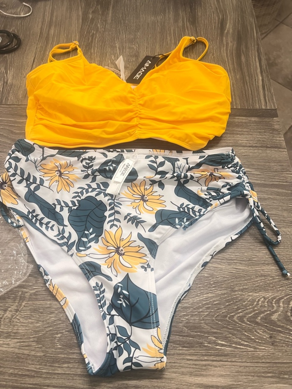 Yellow Ruched Bikini Top with Floral High-Waist Bottoms
